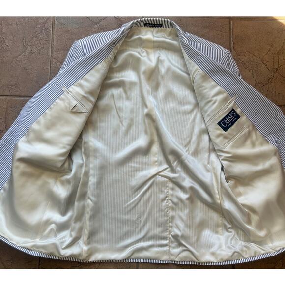 Vintage CHAPS Seersucker Blazer Mens 46R Blue White Stripe Summer Jacket NWT - Picture 5 of 7